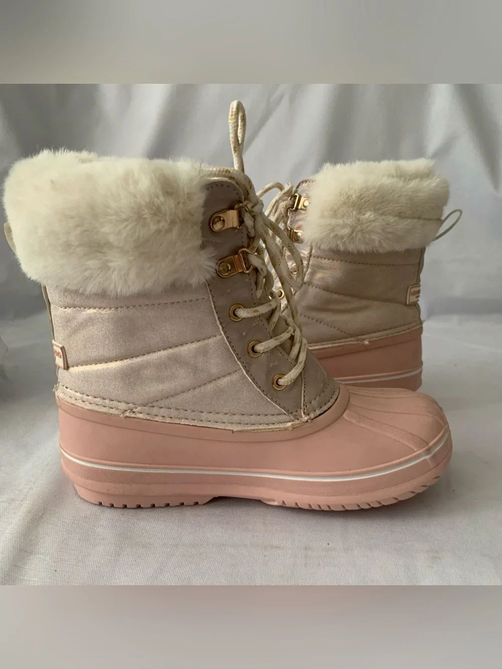 London Fog Boots Girls Size 3 Pink Faux Fur Lace Up Winter Snow Rain FNF21Y5 EUC